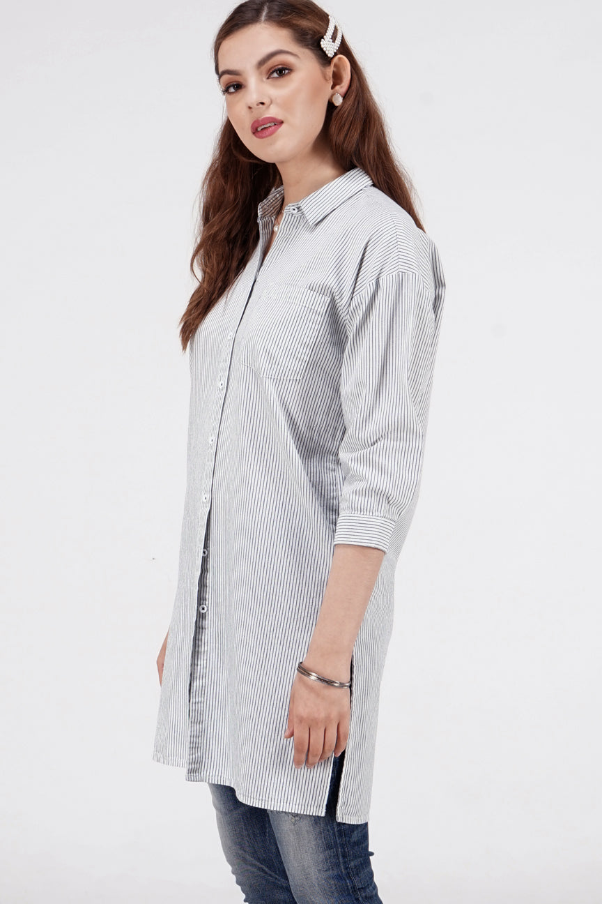 Kemeja Lengan Panjang Pear White Navy Chambray