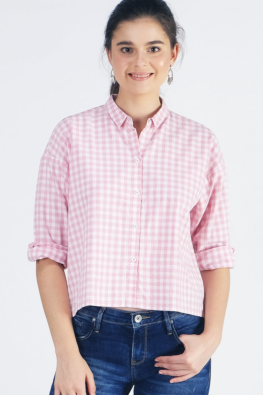 Kemeja Lengan Panjang Issey Pink Offwhite