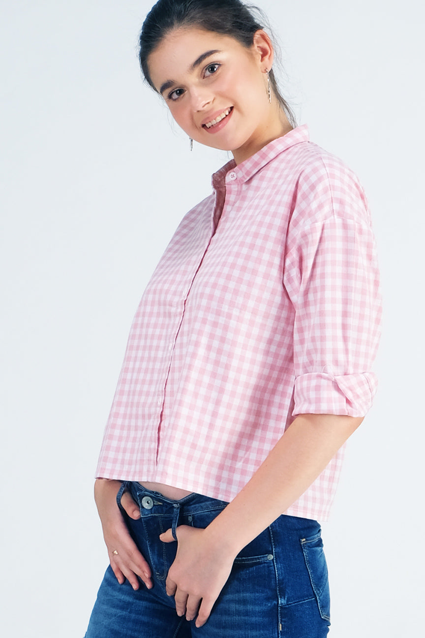 Kemeja Lengan Panjang Issey Pink Offwhite