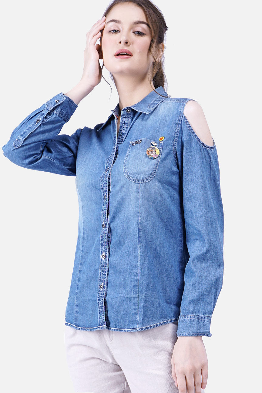 Kemeja Lengan Panjang Green Neon Medium Light Chambray