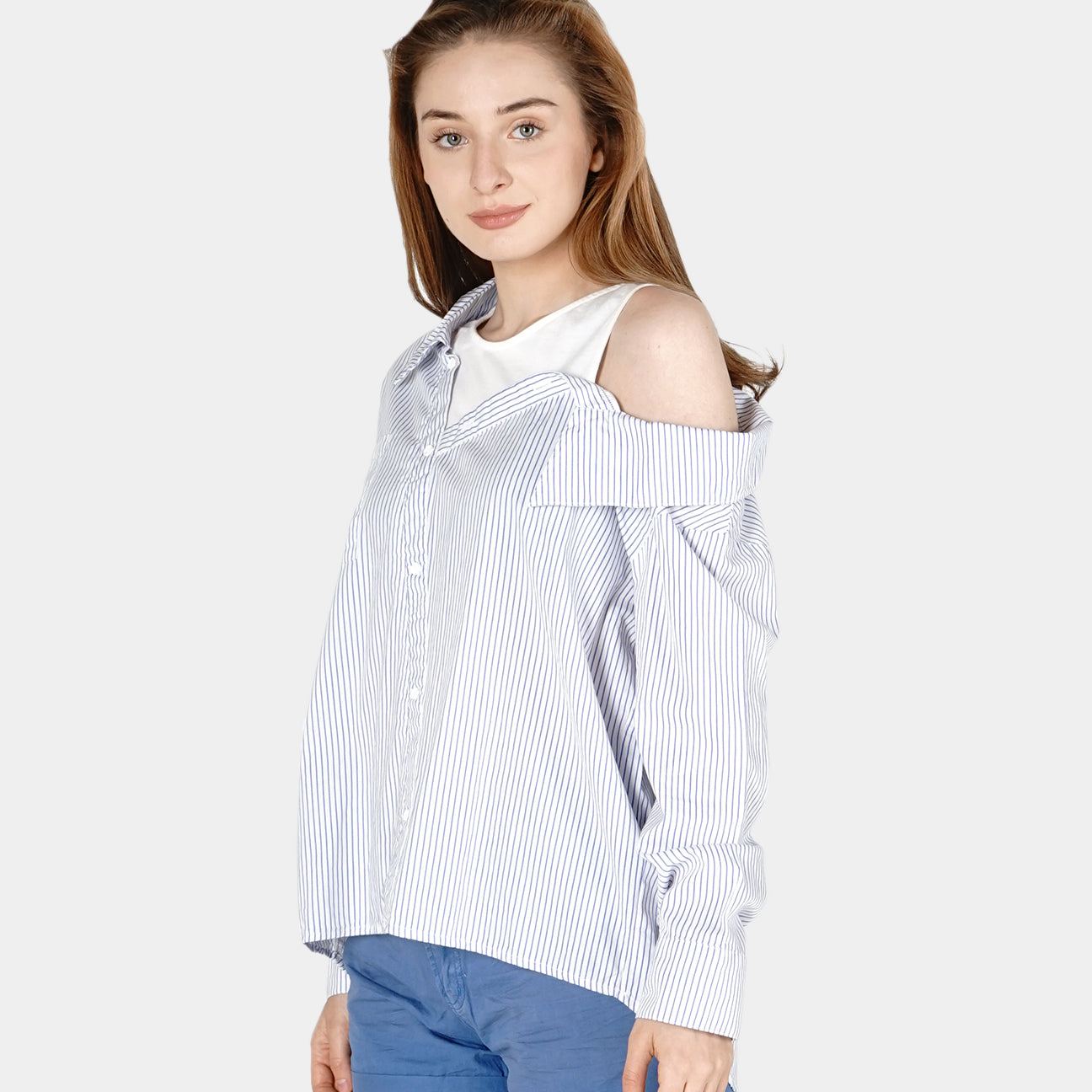 Kemeja Lengan Panjang Stripe Mosey White Blue