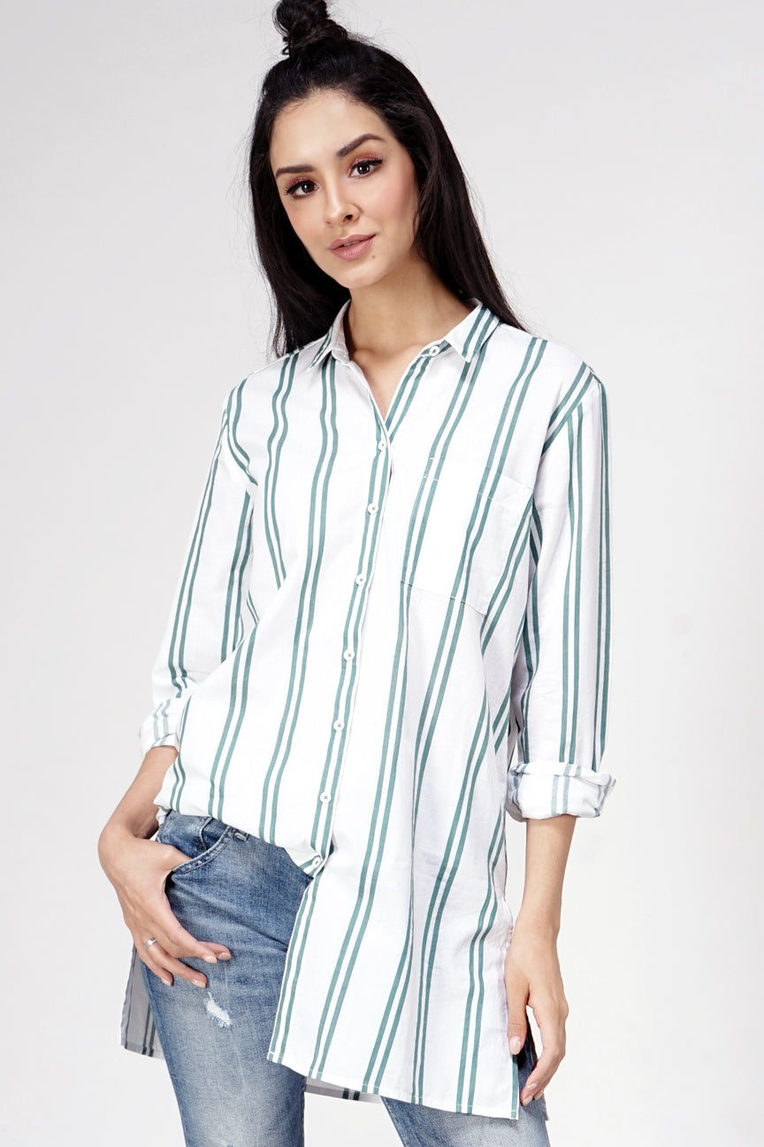 Kemeja Lengan Panjang Haider White Green