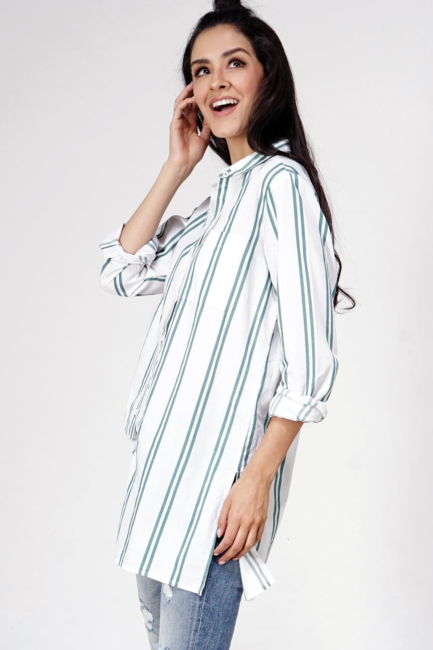 Kemeja Lengan Panjang Haider White Green