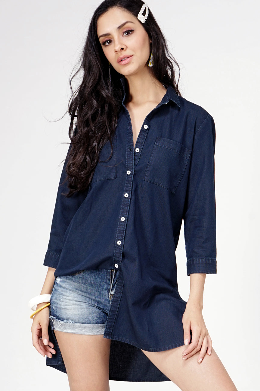 Kemeja Lengan Panjang Claresta Dark Blue