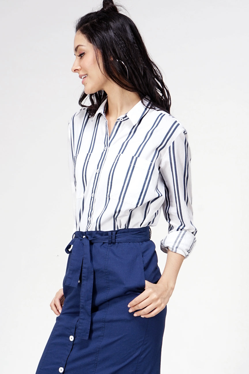 Kemeja Lengan Panjang Vinch White Navy