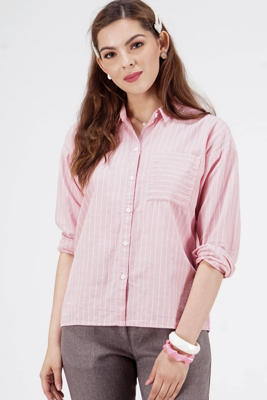 Kemeja Lengan Panjang Arabelle Pink Offwhite