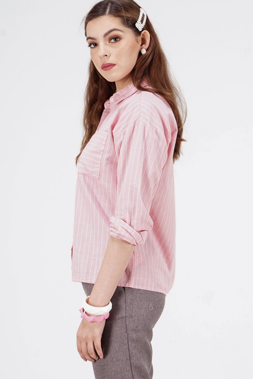 Kemeja Lengan Panjang Arabelle Pink Offwhite