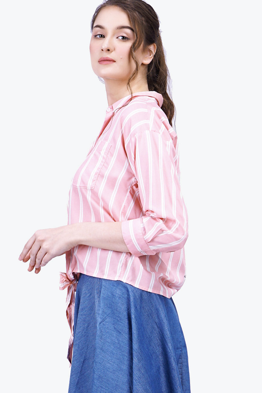 Kemeja Lengan Panjang Letica Pink Offwhite