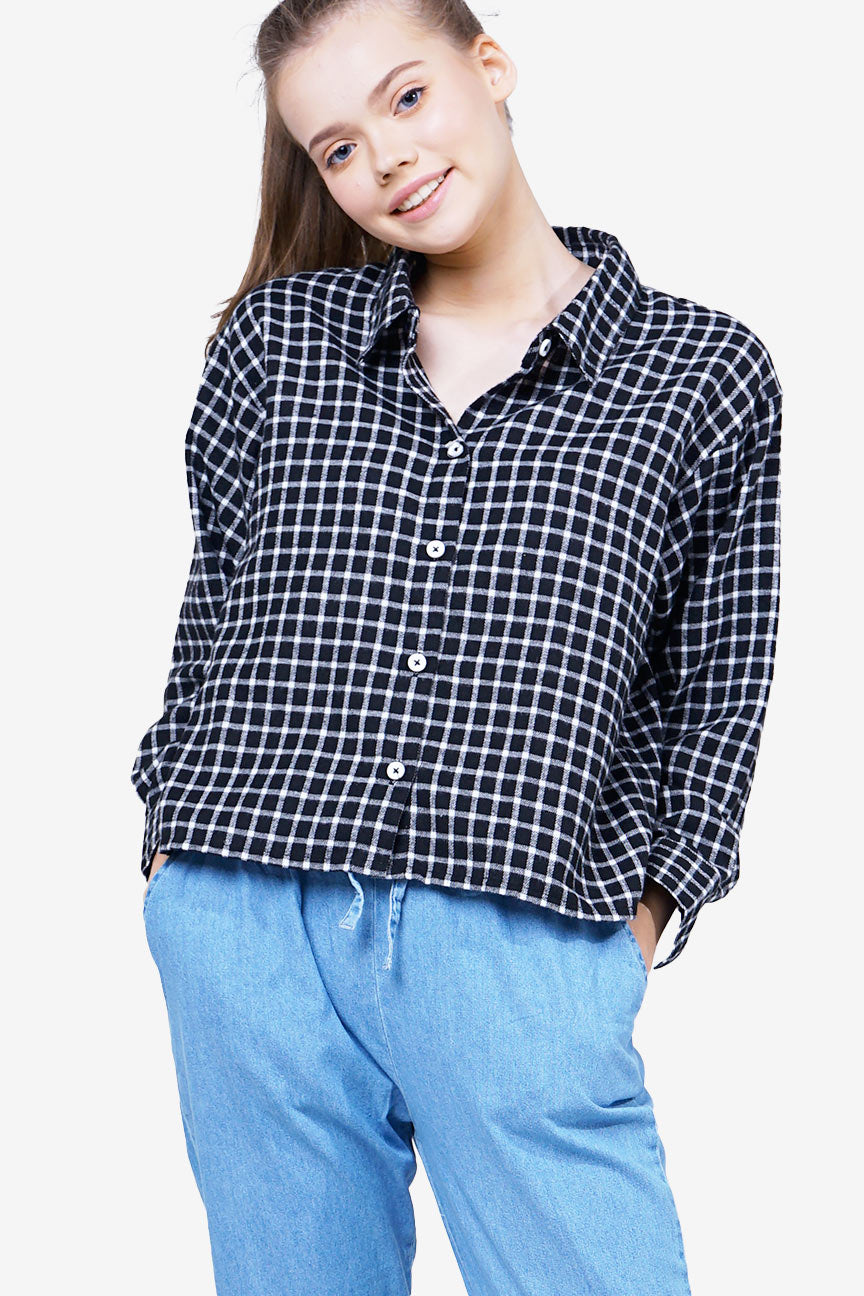 Kemeja Lengan Panjang Valena Black Offwhite