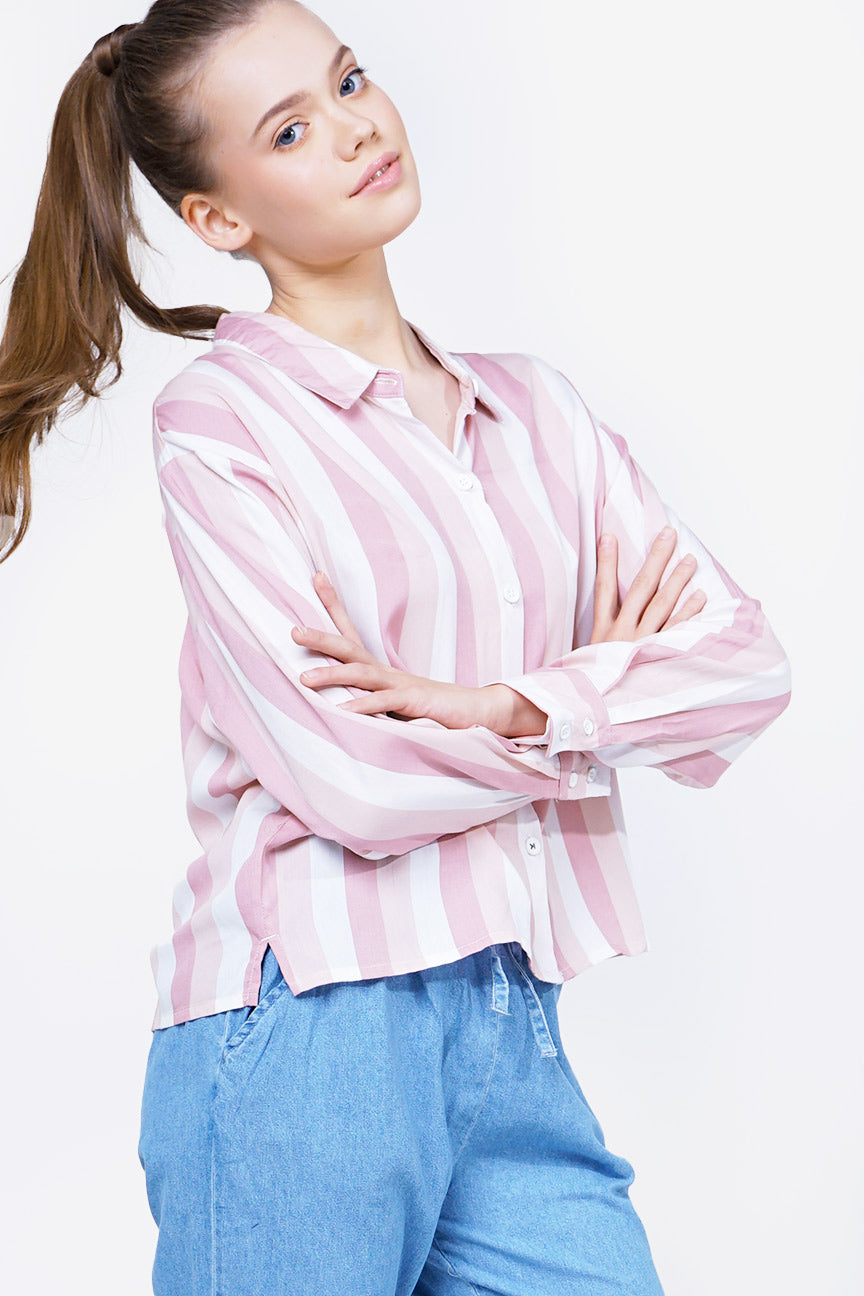 Kemeja Lengan Panjang Dana Pink White