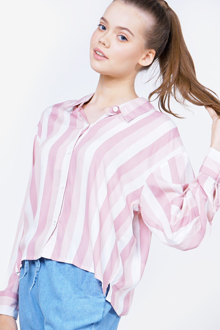 Kemeja Lengan Panjang Dana Pink White