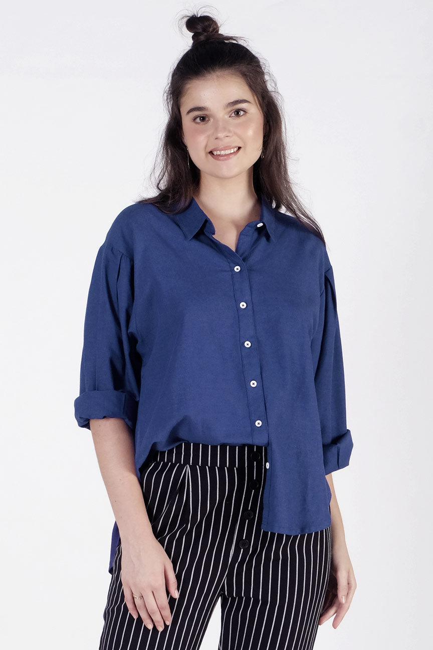 Kemeja Lengan Panjang Iris Navy