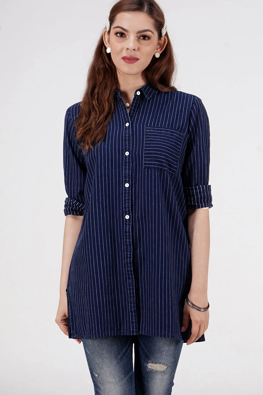 Kemeja Lengan Panjang Picko Navy White Chambaray