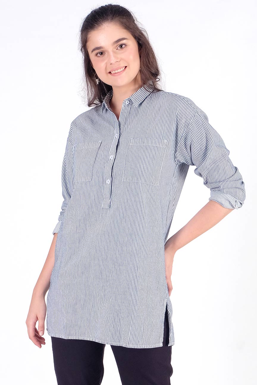 Kemeja Lengan Panjang Bellion White Navy