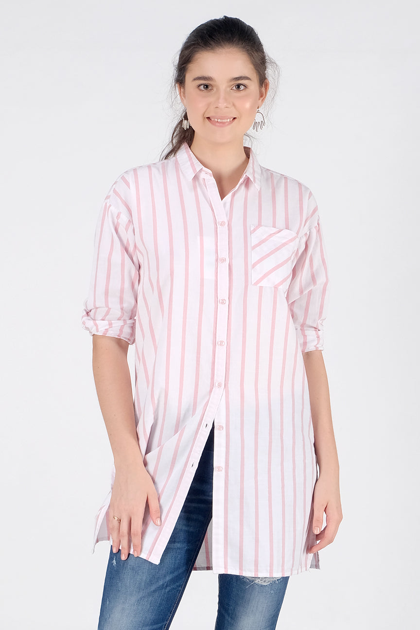 Kemeja Lengan Panjang Hilton Pink Offwhite