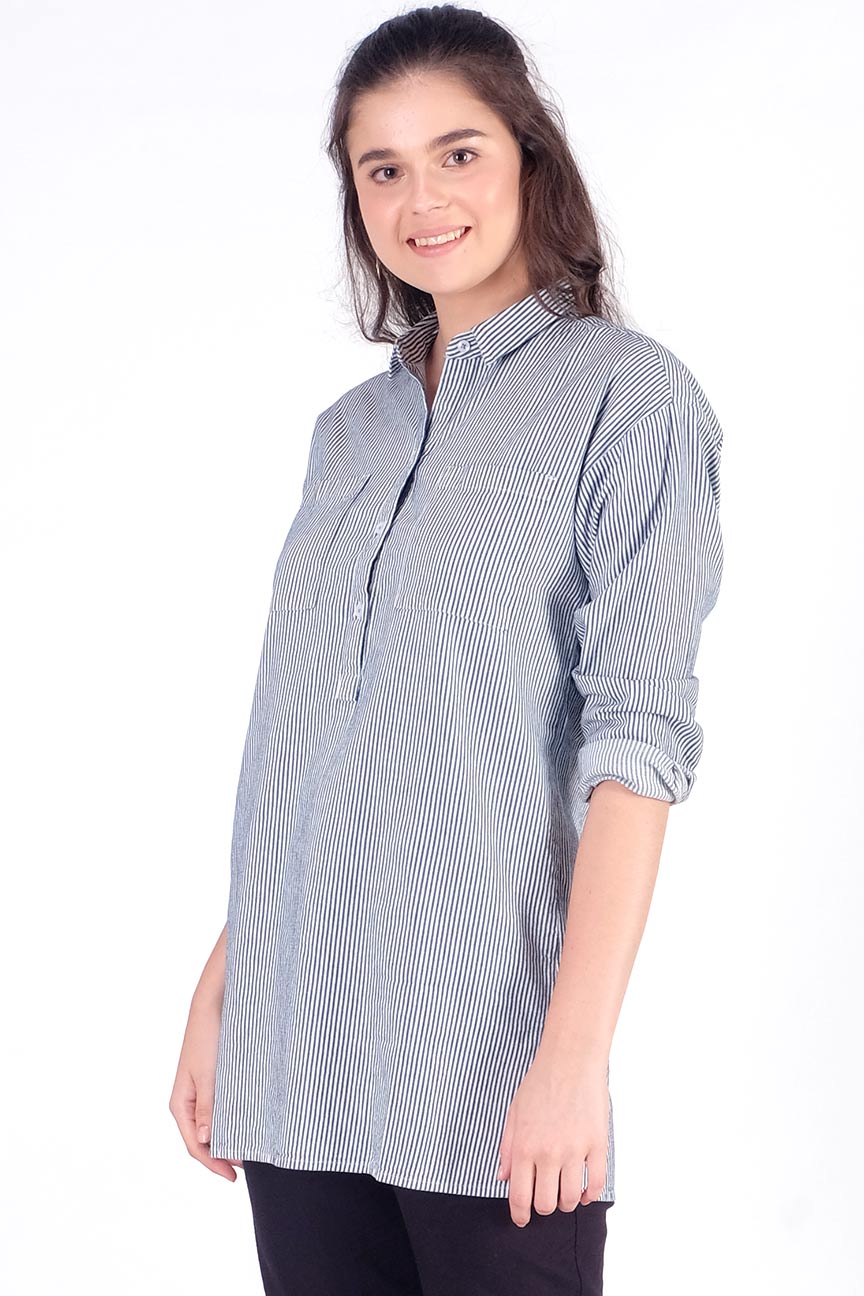 Kemeja Lengan Panjang Bellion White Navy