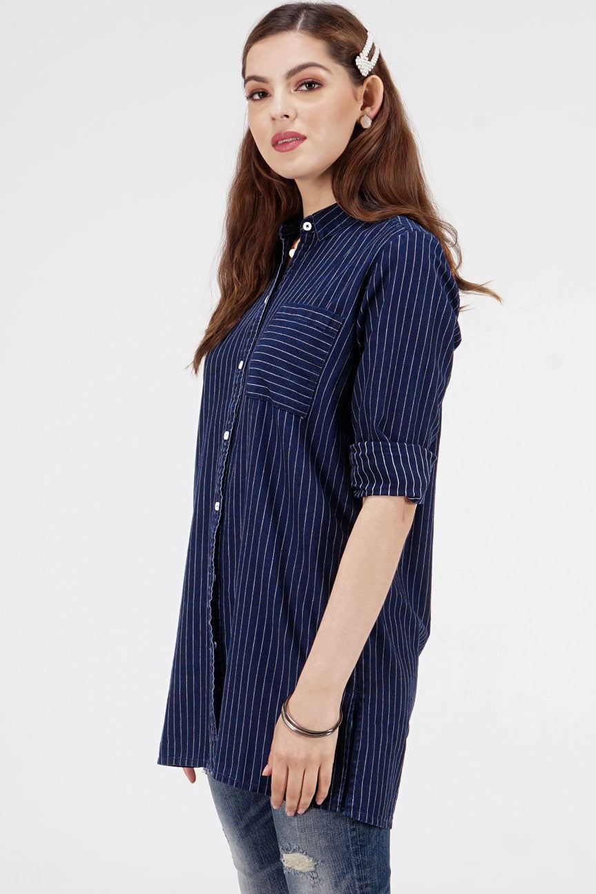 Kemeja Lengan Panjang Picko Navy White Chambaray
