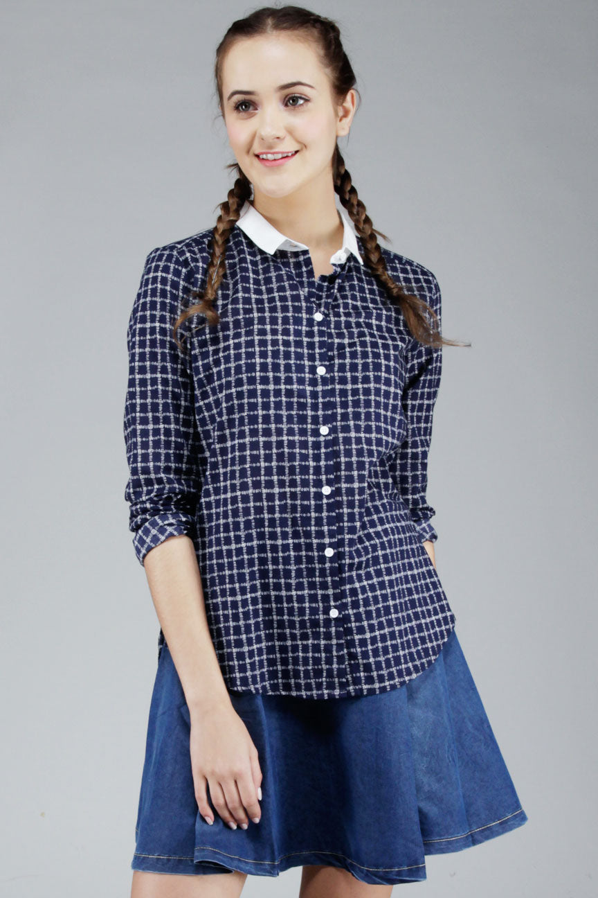 Kemeja Lengan Panjang Goseberry Navy White