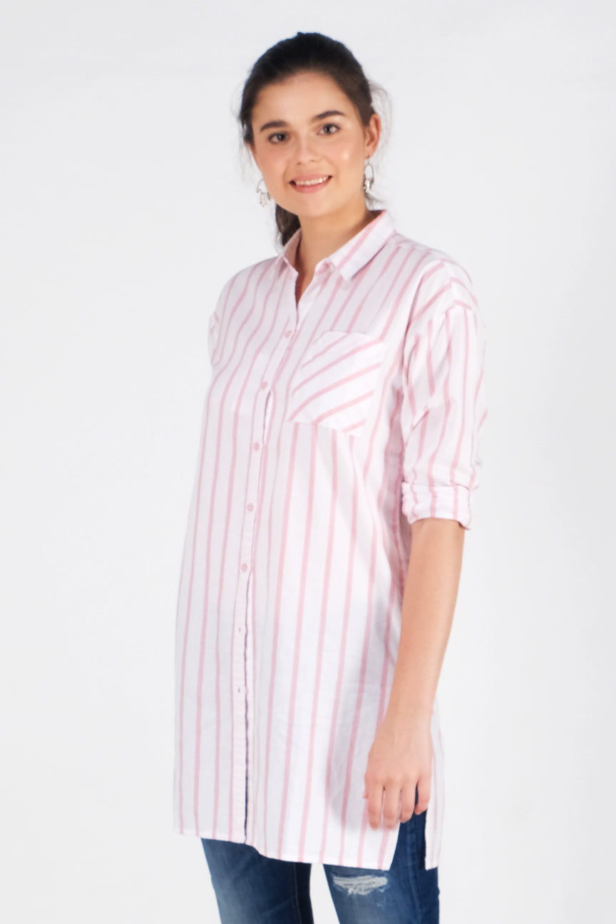 Kemeja Lengan Panjang Hilton Pink Offwhite
