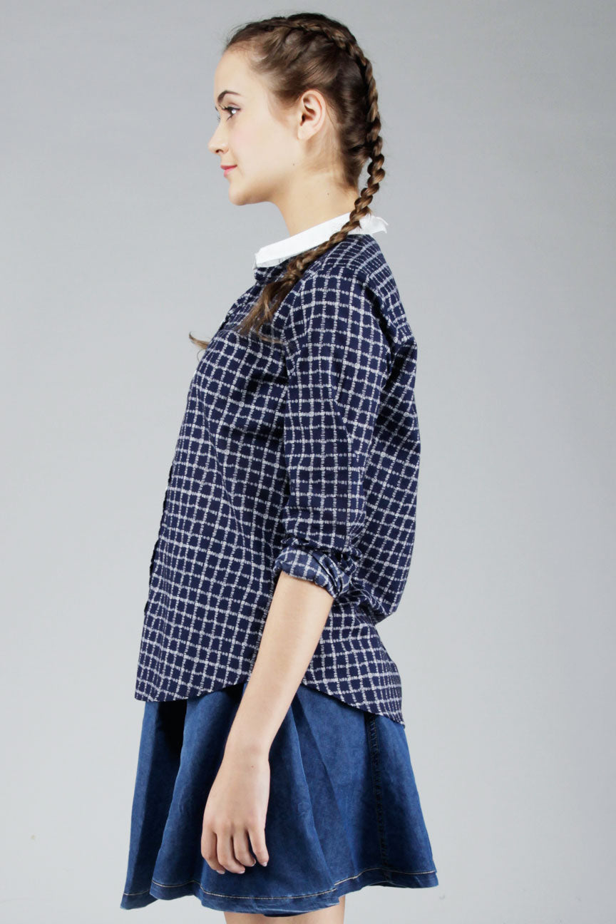 Kemeja Lengan Panjang Goseberry Navy White